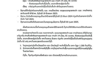 ພະແນກອຸດສາຫະກຳ ແລະ ການຄ້າແຂວງສະຫວັນນະເຂດ ອອກແຈ້ງການກຳນົດກ່ຽວກັບລາຄາເກັບຊື້ມັນຕົ້ນດິບຂັ້ນຕໍ່າຢູ່ໜ້າໂຮງງານບໍ່ໃຫ້ຫລຸດ 1,200 ກີບ/ກິໂລກຣາມ.